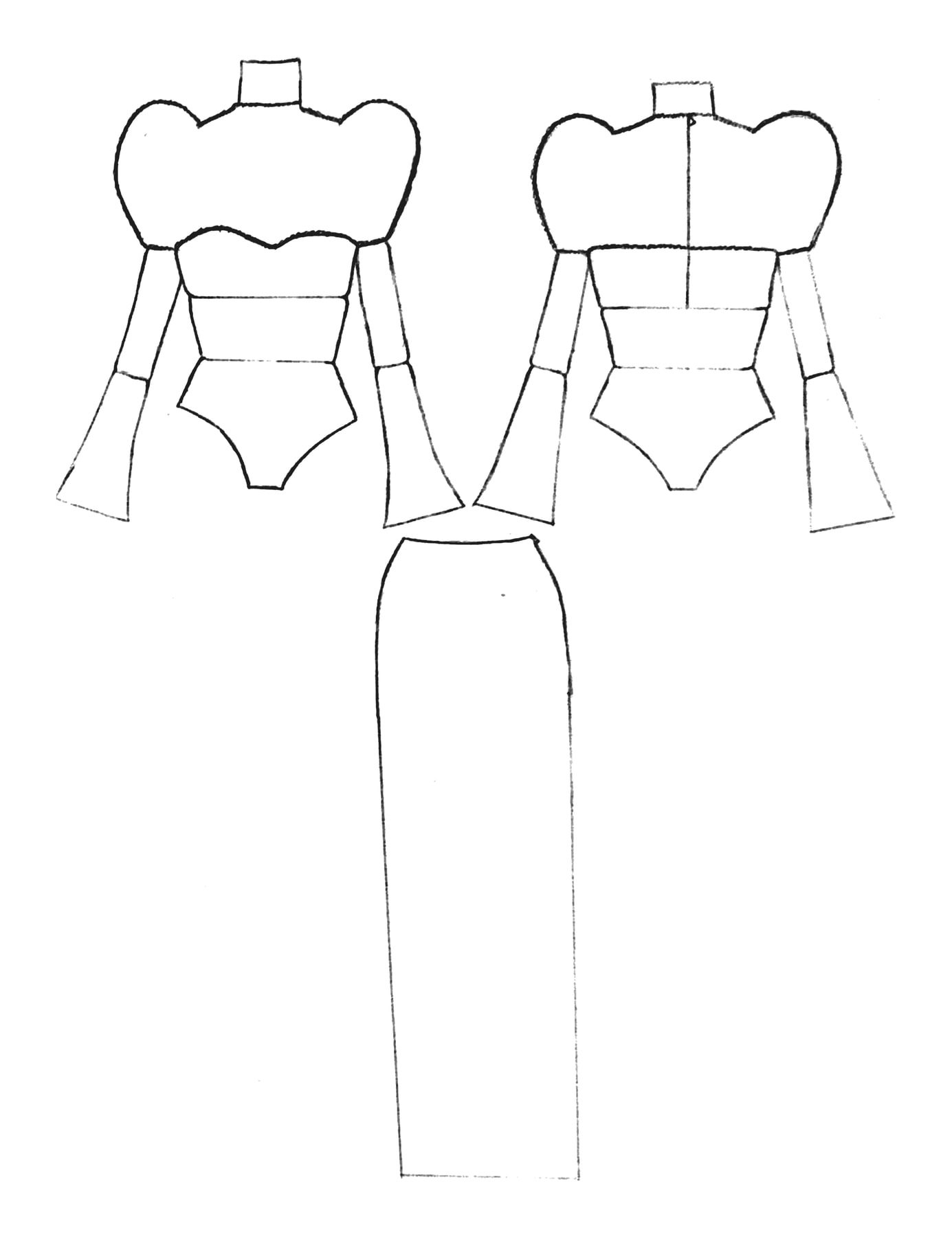 Look 3 technical flats — my hand drawing
