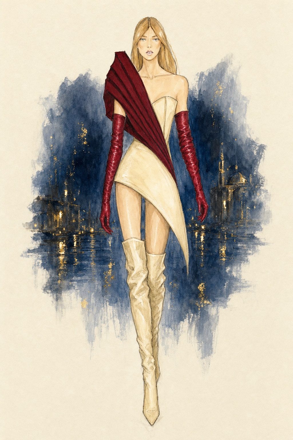 Look 1 illustration rendered with AI from my drawings