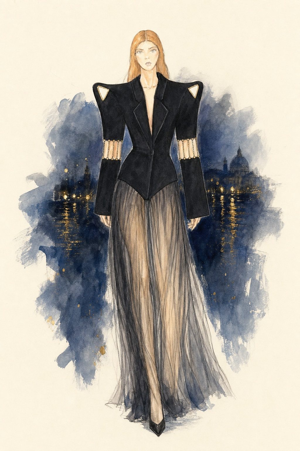 Look 6 illustration rendered with AI from my drawings