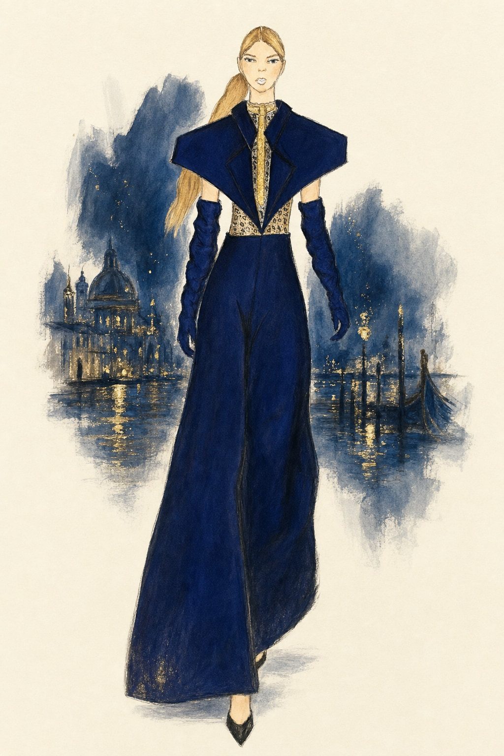 Look 7 illustration rendered with AI from my drawings
