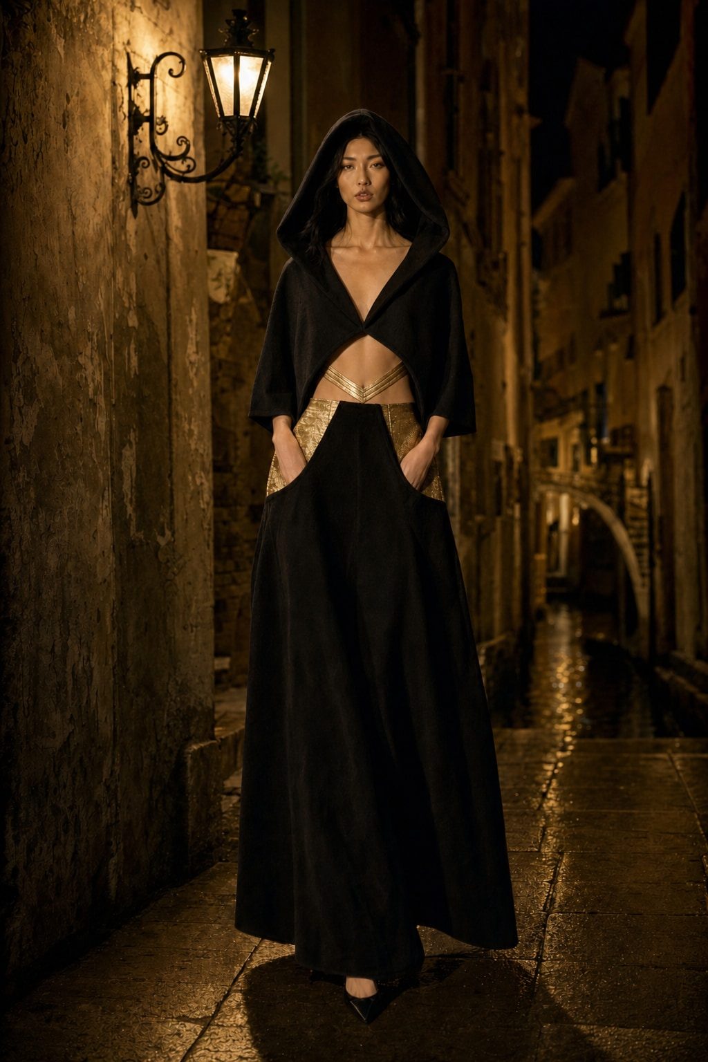 Look 9, Ombra: AI editorial rendering in Venice
