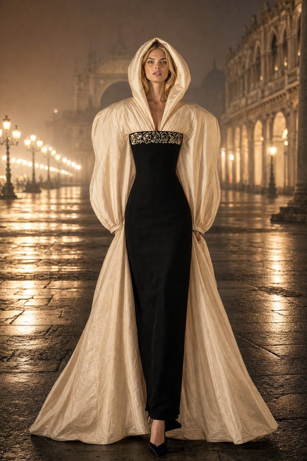 Look 5, Nebbia: AI editorial rendering in Venice